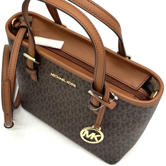 Michael Kors Jet Set Travel Extra-Small Logo Top-Zip lote Bag Brown Signature